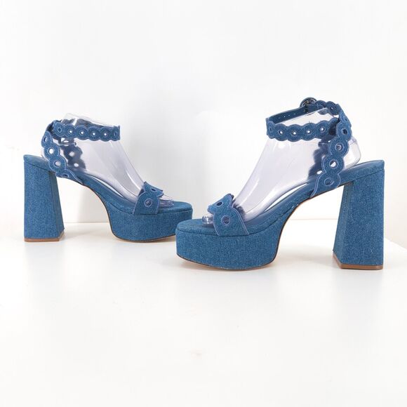 Larroude Women 11 Dolly Broderie Sandal Blue Stoned Denim Platform Ankle Strap - Picture 6 of 11